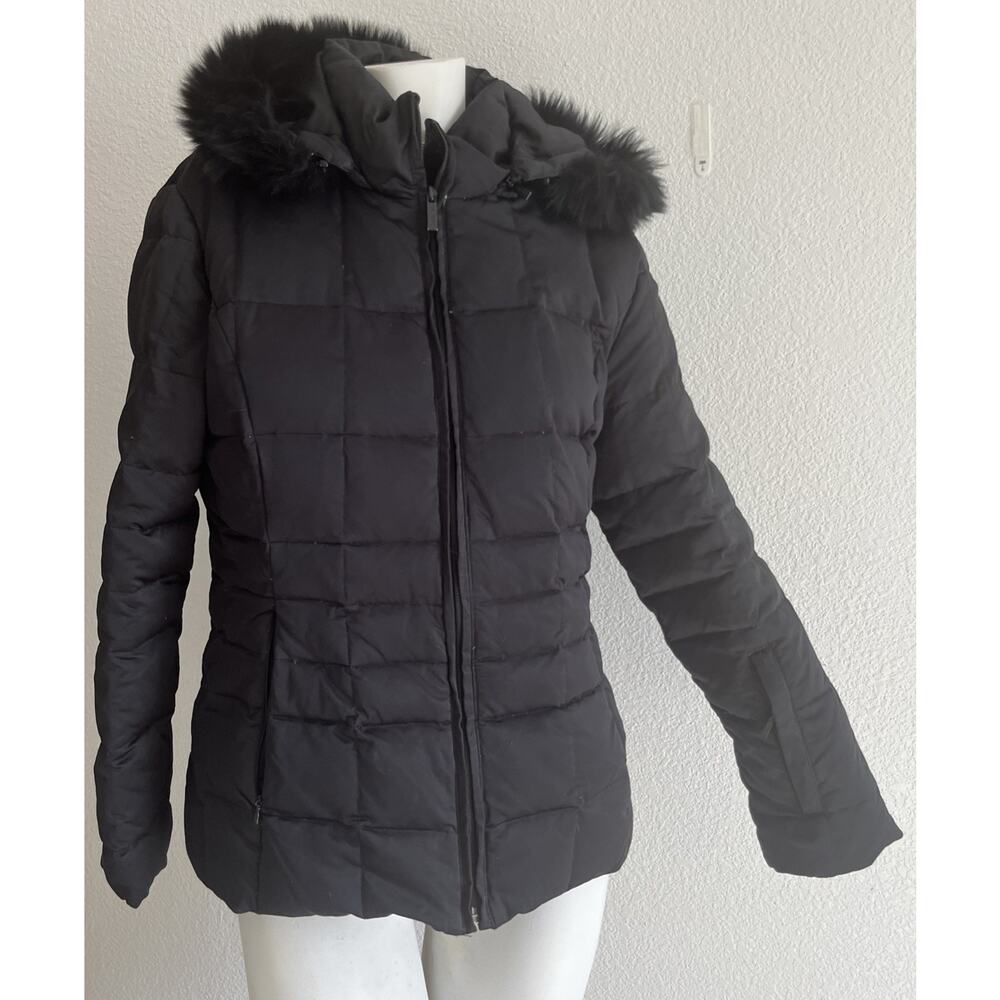 VTG Y2K Calvin Klein Black Down Puffer Jacket Fox Fur Hood Womens XS Mob Wife